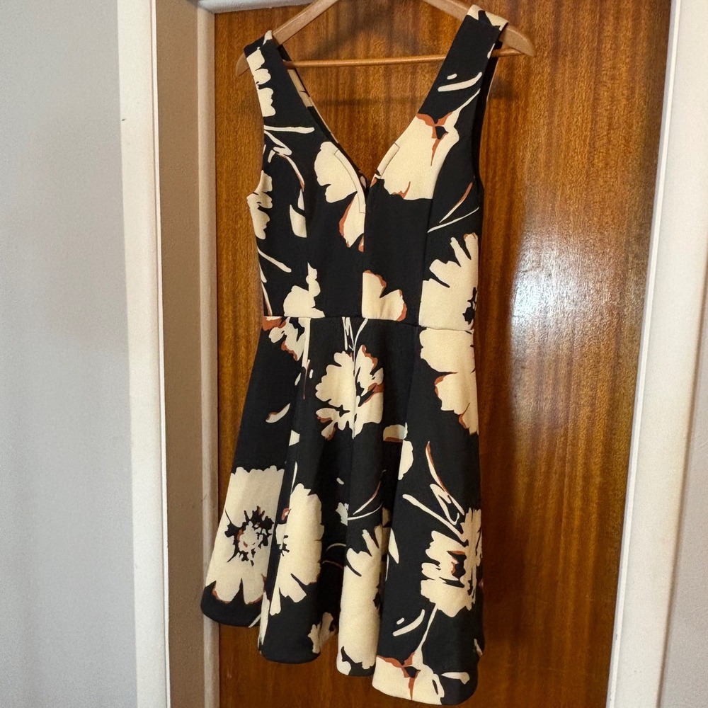 Anthropologie Floral Fit and Flare V-Neck Scuba Dress Black Cream Sleeveless